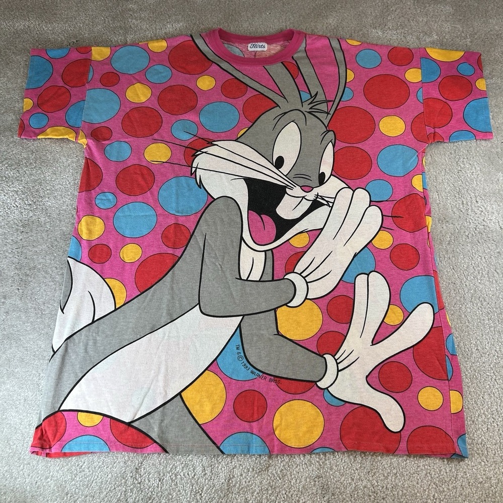 Vintage 1993 Bugs Bunny Big Face AOP T-Shirt Size XL Rare Polka Dots USA Made
